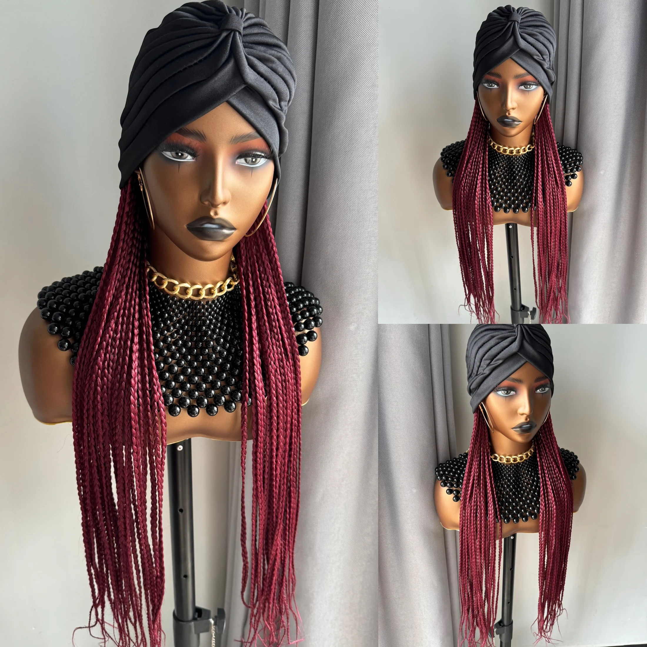 

Long 24Inch Burgundy Box Braided Synthetic Head Wraps Headband Wig With Black Turban Cap Braiding Hair Extensions Hairstyle Wigs