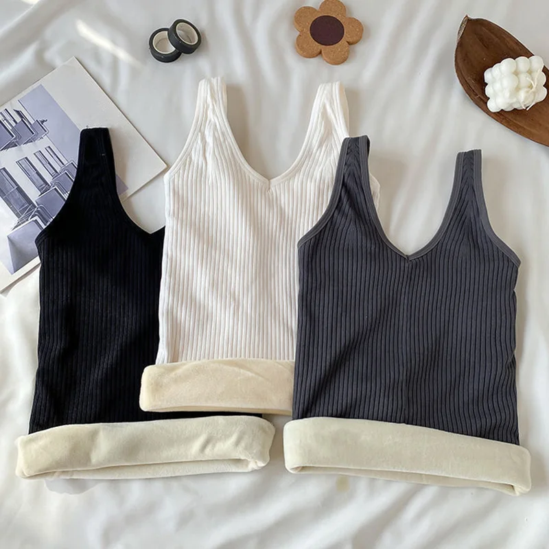 

Winter Velvet Padded Vest Women Solid Color Thermal Casual Inner Bottoming Shirt Knitted Warm Underwear Sling Vest Top