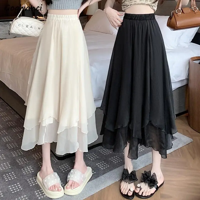 

Midi Skirts Women Summer Thin Design Empire Ulzzang Sweet Elegant Ladies All-match Gentle Attractive Holiday Simple Leisure Chic