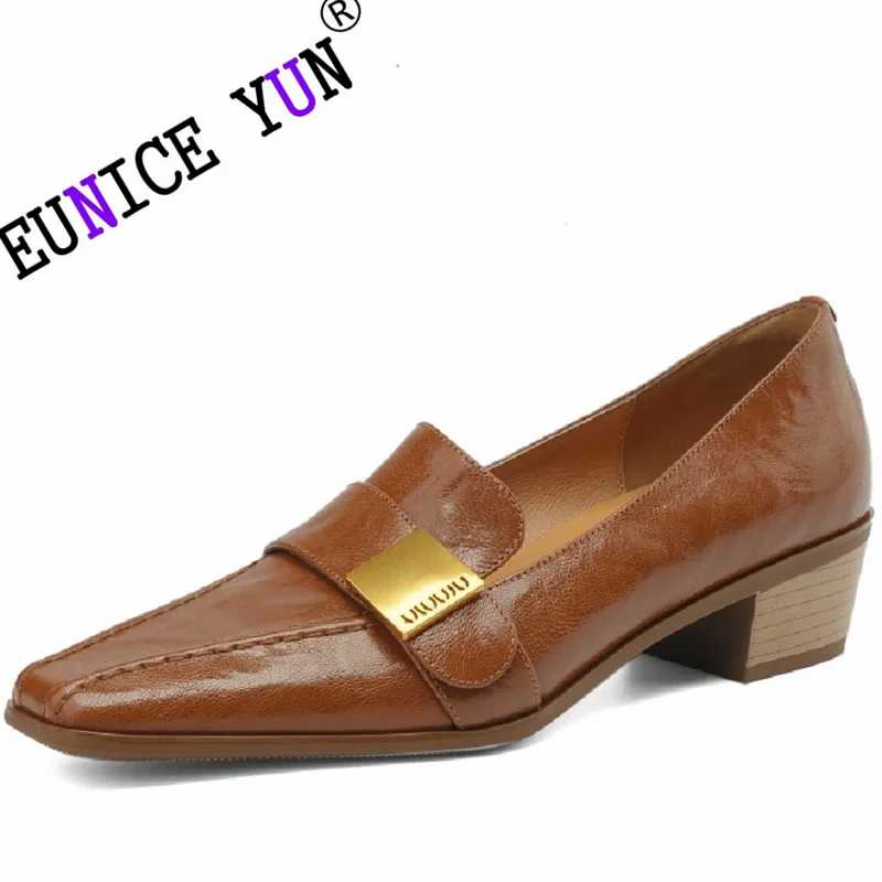 

【EUNICE YUN】Women Genuine Leather Shoes Square Toe for Pumps Pleated Slip on Mid Heels Office Ladies Shoes Grain Chunky 34-40