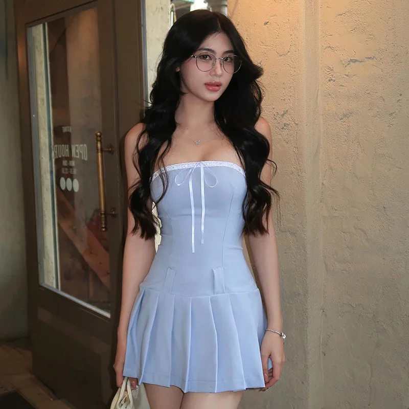

Women's 2024 New High Waist Skirt Solid Color Lace Bow Bandeau Pleated Dress Club Clothing Vestidos High Chic Streetwear