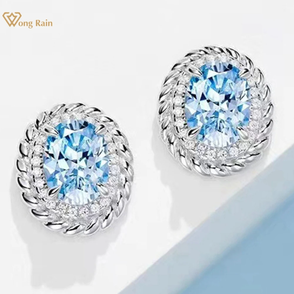 

Wong Rain 100% 925 Sterling Silver 6*8 MM 1.5CT Oval Cut Aquamarine High Carbon Diamond Gemstone Ear Studs Earrings Fine Jewelry