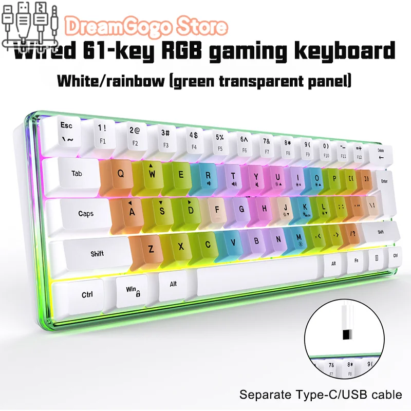 RGB 게이밍 기계식 느낌 유선 멤브레인 키보드, E-스포츠 TPC 사일런트 게이머, 컴퓨터 PC 노트북 데스크탑 사무실용, 61 키