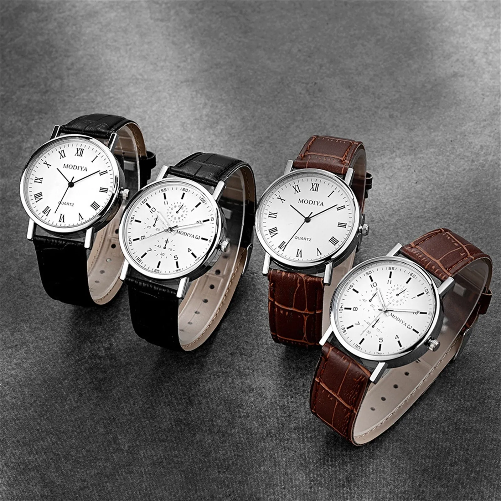 

Men's Watch Simple White Disc Analog Quartz Wristwatch Leather Fake Three Eyes Six-Hand Watch Student Casual Exam Silent Watch