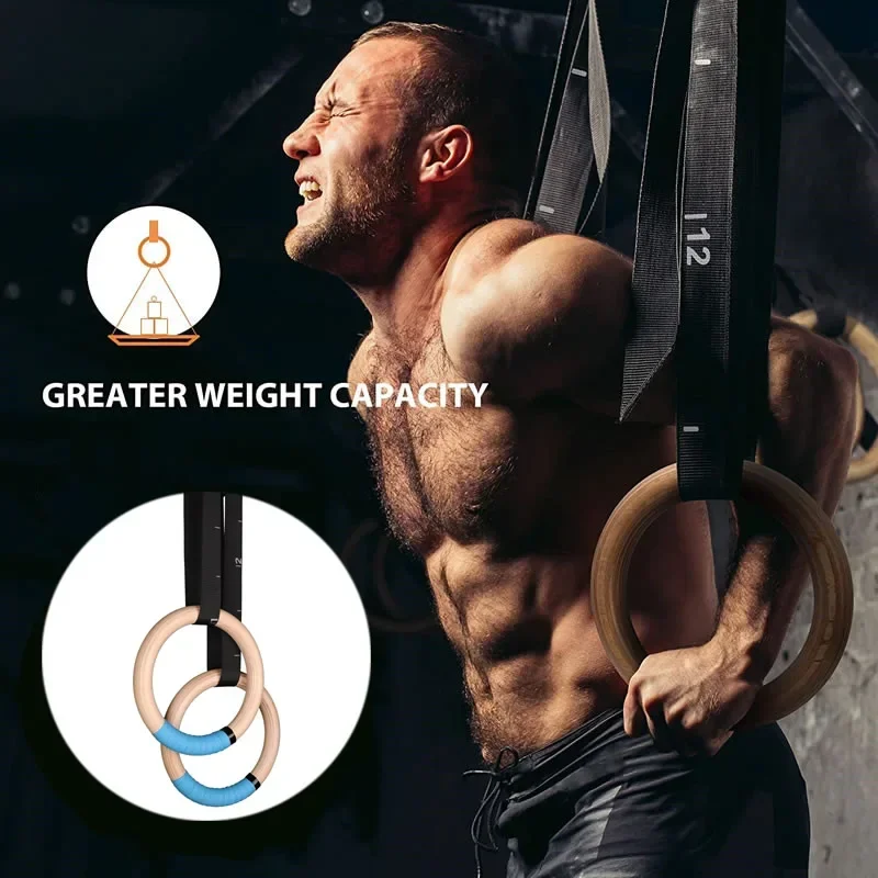 Gymnastic Rings Wood with Adjustable Straps GYM Ring for Kids Adult Home Fitness Pull Up Strength Training 1 Pair