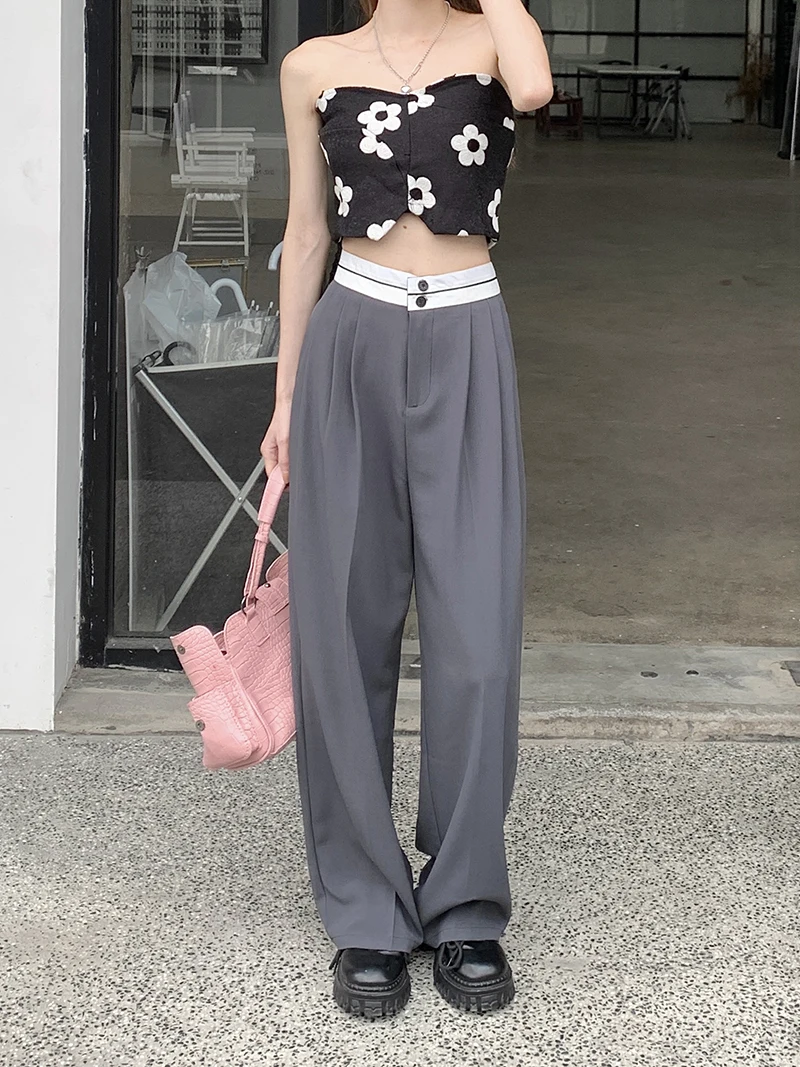 

2023 New Design Sense Splicing Contrast Color Suit Pleated Wide Leg Casual Pants for Women Spring/Summer