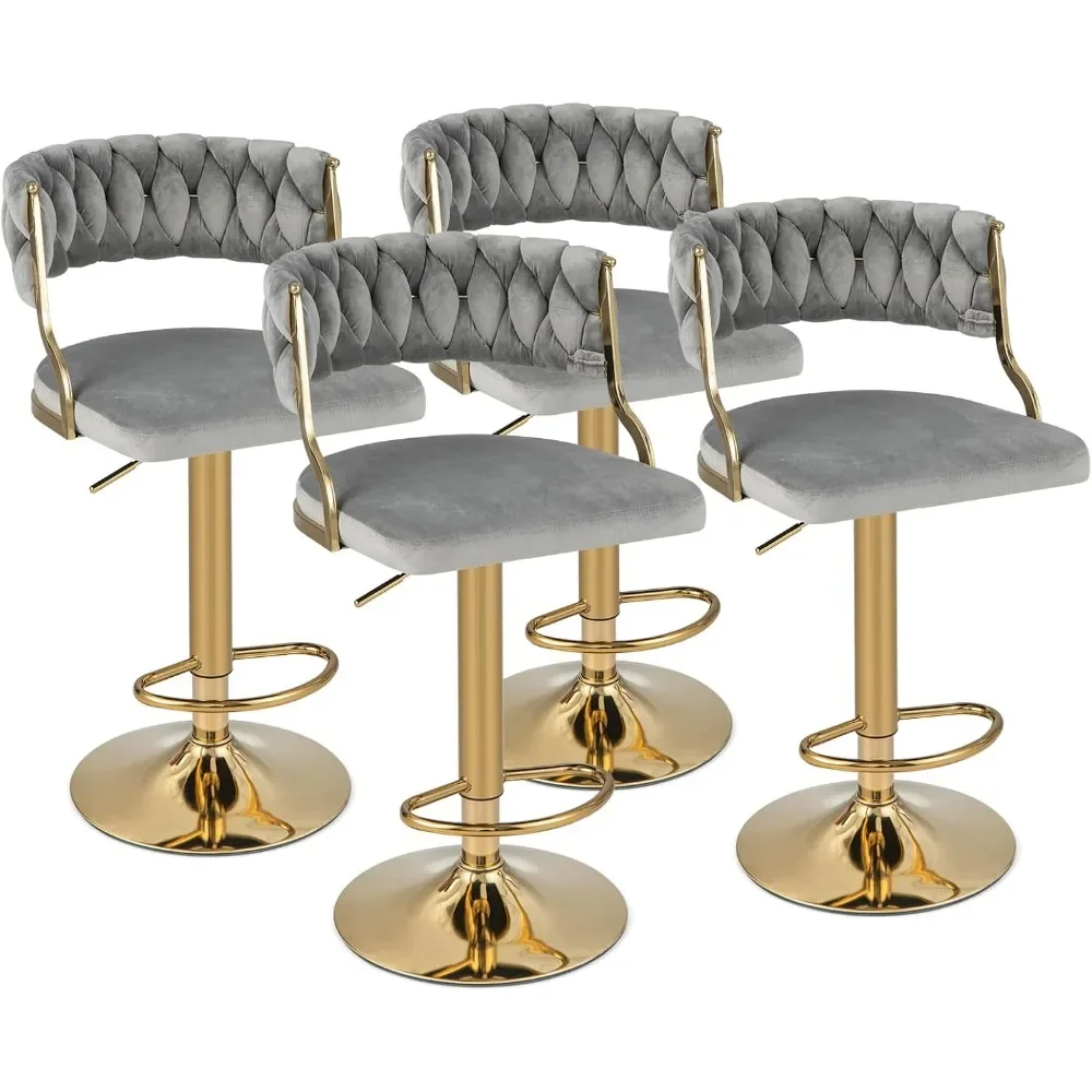 Velvet Adjustable Bar Stools, Max Load 400 Lbs, Modern Upholstered Swivel Barstools with Woven Back