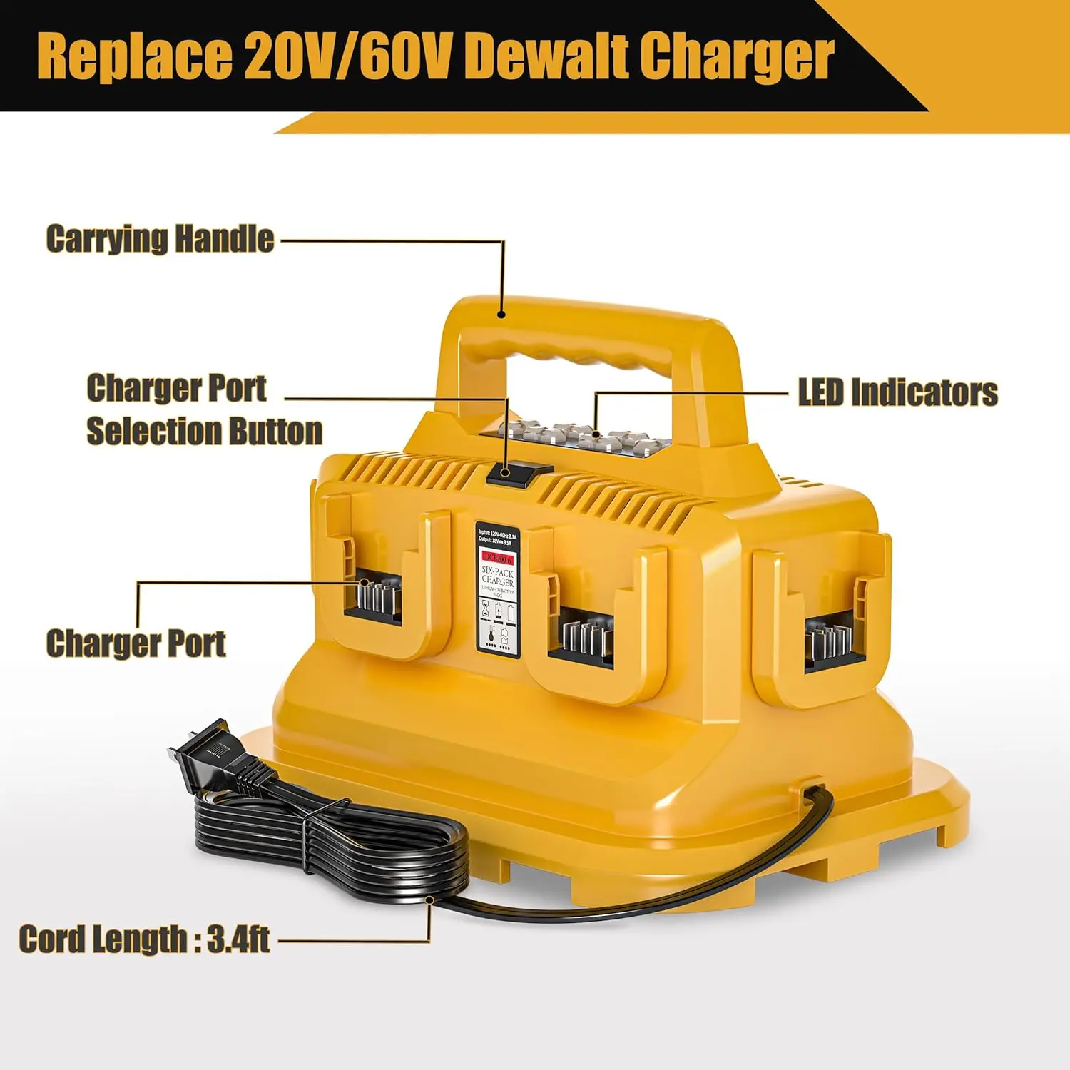 Battery Charger 6-Ports for Dewalt 20V/60V Compatible with DCB200 DCB203 DCB204