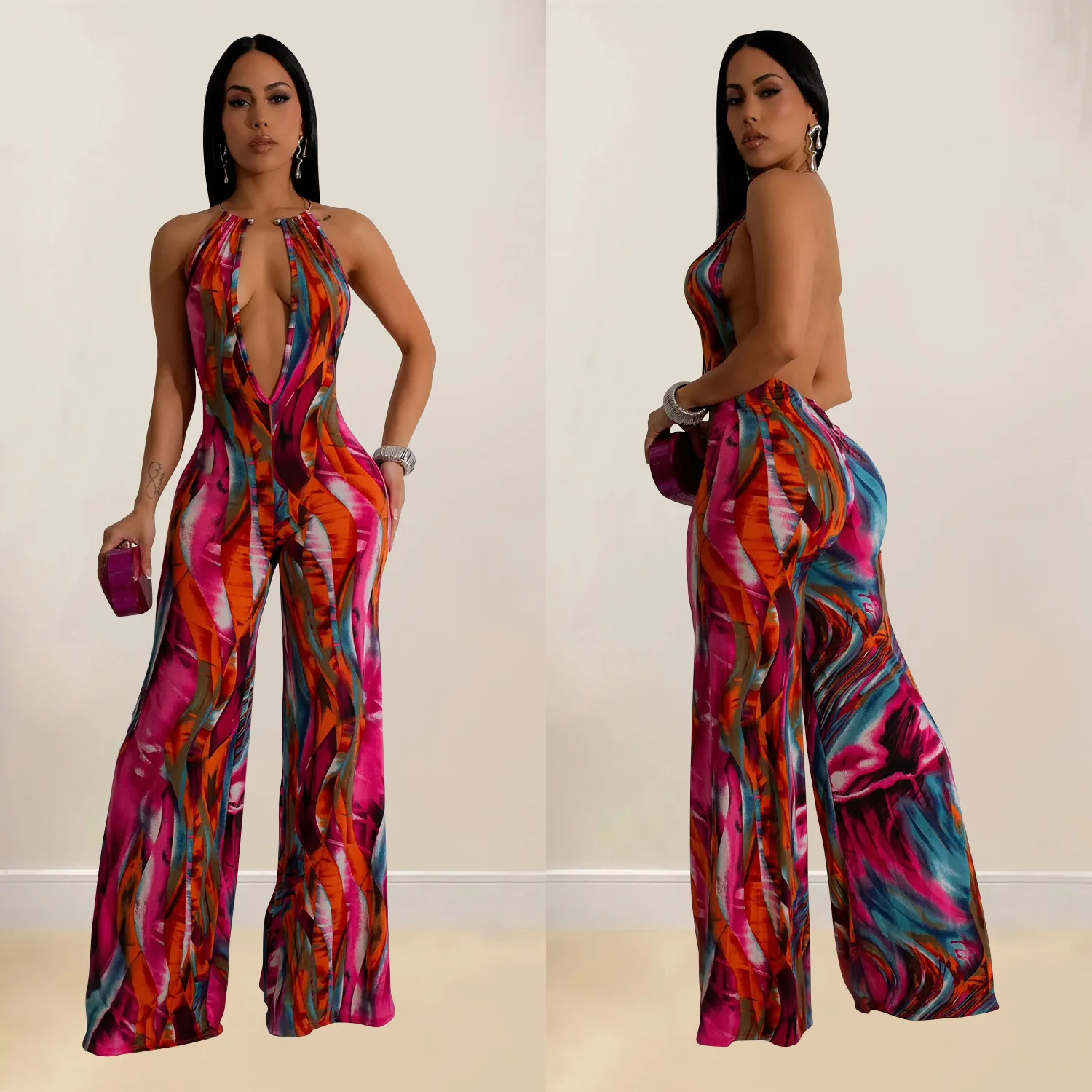 Women's Printed Sleeveless Deep V-Block Color Backless Long Jumpsuit, European and American Fashion