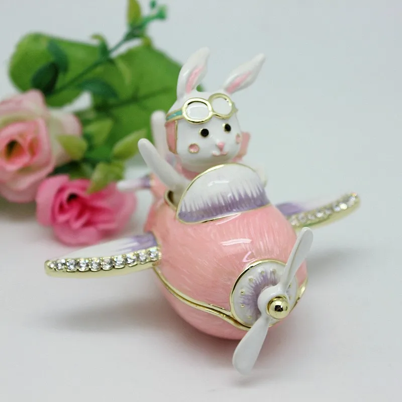 Airplane and Captain Rabbit Trinket Boxes Hinged Enamel Hand-Painted Ornaments Jewelry Organizer Box Unique Gift for Home Decor