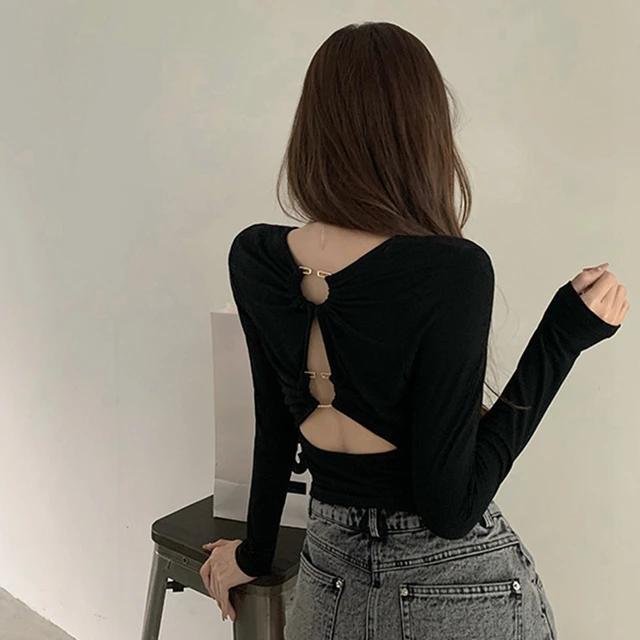 Y2k T-shirt Sexy Crop Top Women Hollow Out Backless Skinny Slim Cotton T  Shirt Cropped Tee Fall Long Sleeve High Street - T-shirts - AliExpress