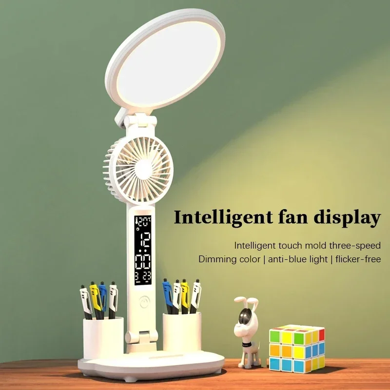 

Foldable LED Fan Clock Table Lamp USB Chargeable Dimmable Desk Lamp Plug-in LED Fan Light Eye Protection Reading Night Light