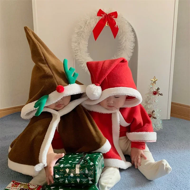 Christmas Winter 0-24M Baby Boys Girls Cloak Coat Warm Baby Cloaks Red/Green Festival Plush Windproof Mantle Hooded poncho