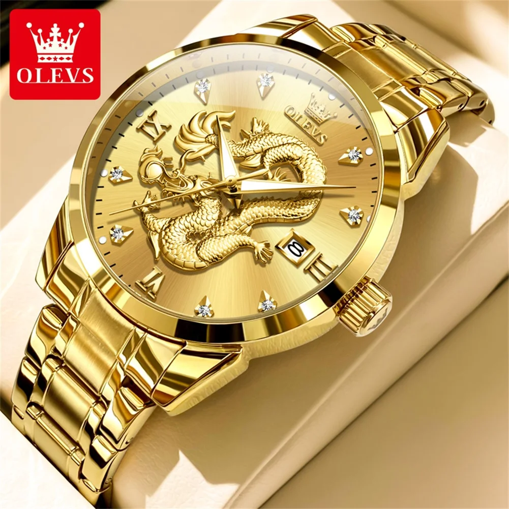 

OLEVS Fashion 3D Carved Dragon Dial Design Quartz Watch Men Stainless Steel Waterproof Luxury Gold Watches Relogio Masculino