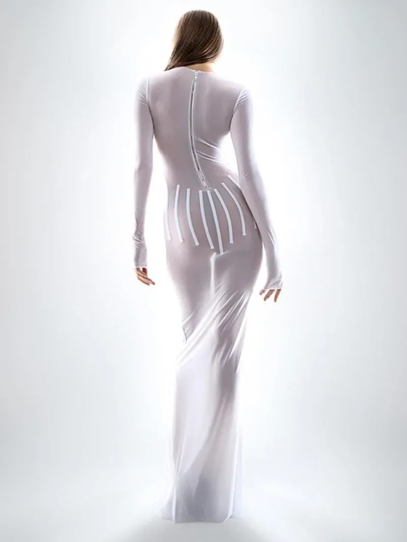 

White See Through Long Maxi Mesh Dress Women Hollow Out Long Sleeve Zip-up Slim Floor-length Evening Party Dresses Female Outfit
