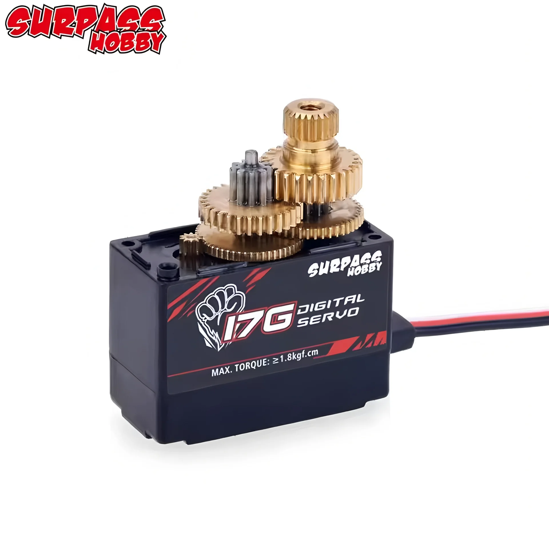 Servo métal 17g pour hélicoptère RC, montrant les engrenages métalliques.