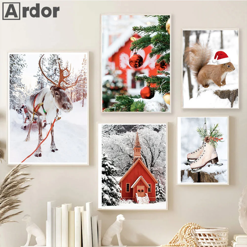 Winter Snow Elk Snowman Poster Christmas Tree Red Car Canvas Painting Squirrel House Nordic Print Wall Art Pictures Home Decor modern canvas pictures hd prints 5 pieces red tree red bench landscape home decor wall art painting poster no frame