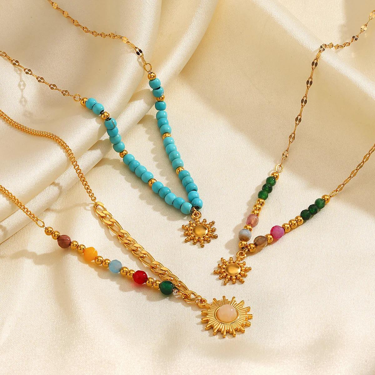 Boho Handmade Weave Beads Necklace Pink Opal Metal Sun Pendant Multicolour Beads Metal Chain Crystal Necklace Trend Jewelry 2025