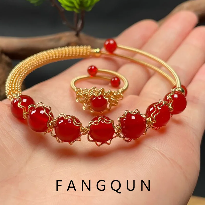 Natural Stone Bangles Cuff Copper Bracelets for Women 14K Copper Plating GoldColor Wire Wrap