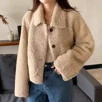 Women Autumn Winter Double Fleece Warm Thicken Jacket Turn-down Single-Breasted Short Outerwear Loose Fashion Casual Overcoat