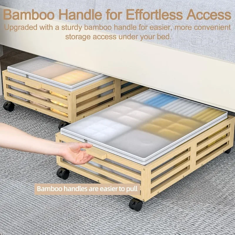 Bamboo Under Bed Storage Containers with Large Dust Bags, Under Bed Storage with Wheels-2 Pcs 5