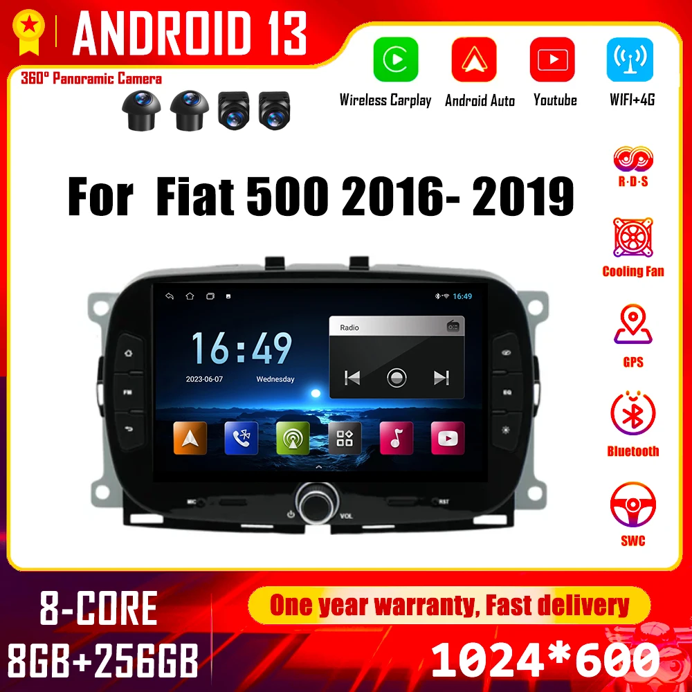 7 "Android 13 Per Fiat 500 2016- 2019 Autoradio Lettore Video Multimediale Carplay Navigazione Gps Stereo Screem Wireless Carplay Bt