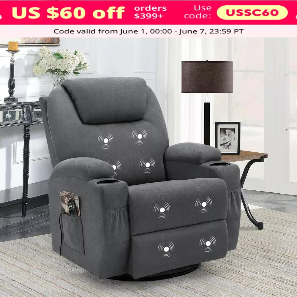 

Rocking Chair Recliner Chair with Massage, Swivel Ergonomic Lounge Chair with 2 Cup Holders, Living Room Home Theater Seat