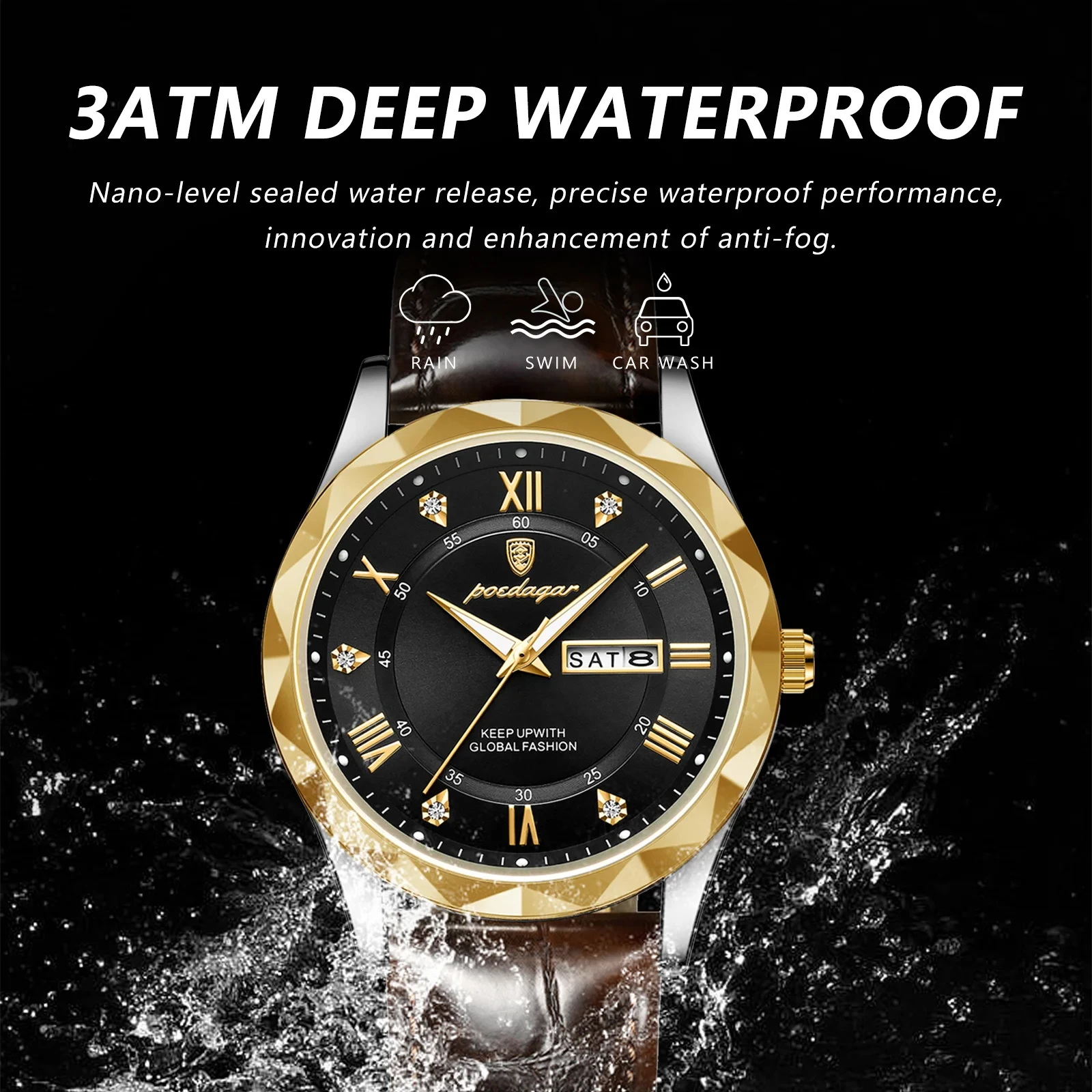 POEDAGAR Man Wristwatch Luxury Business Waterproof Luminous Date Week Men Watch For Men Quartz Clock Leather Men's Watches reloj