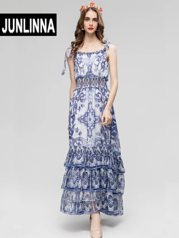 

JUNLINNA Party Vacation Silk Blending Long Dress Spaghetti Strap Porcelain Printing Expansion Vestidos Strecth Bust and Waist