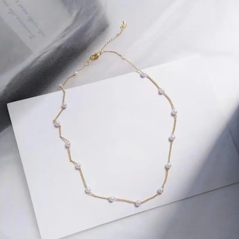 New Beads Women's Neck Chain Kpop Pearl Choker Necklace Gold