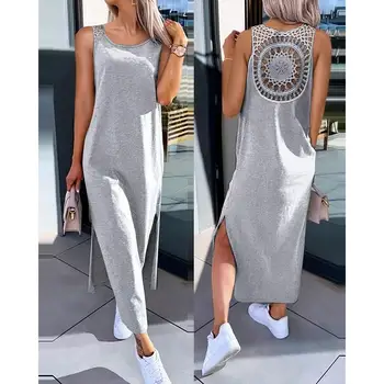 Summer Sleeveless Hollow Sexy Loose Dress Women Fashion Slit Solid Casual Dresses Women Round Neck Mid Length Slim Ladies Dress 1
