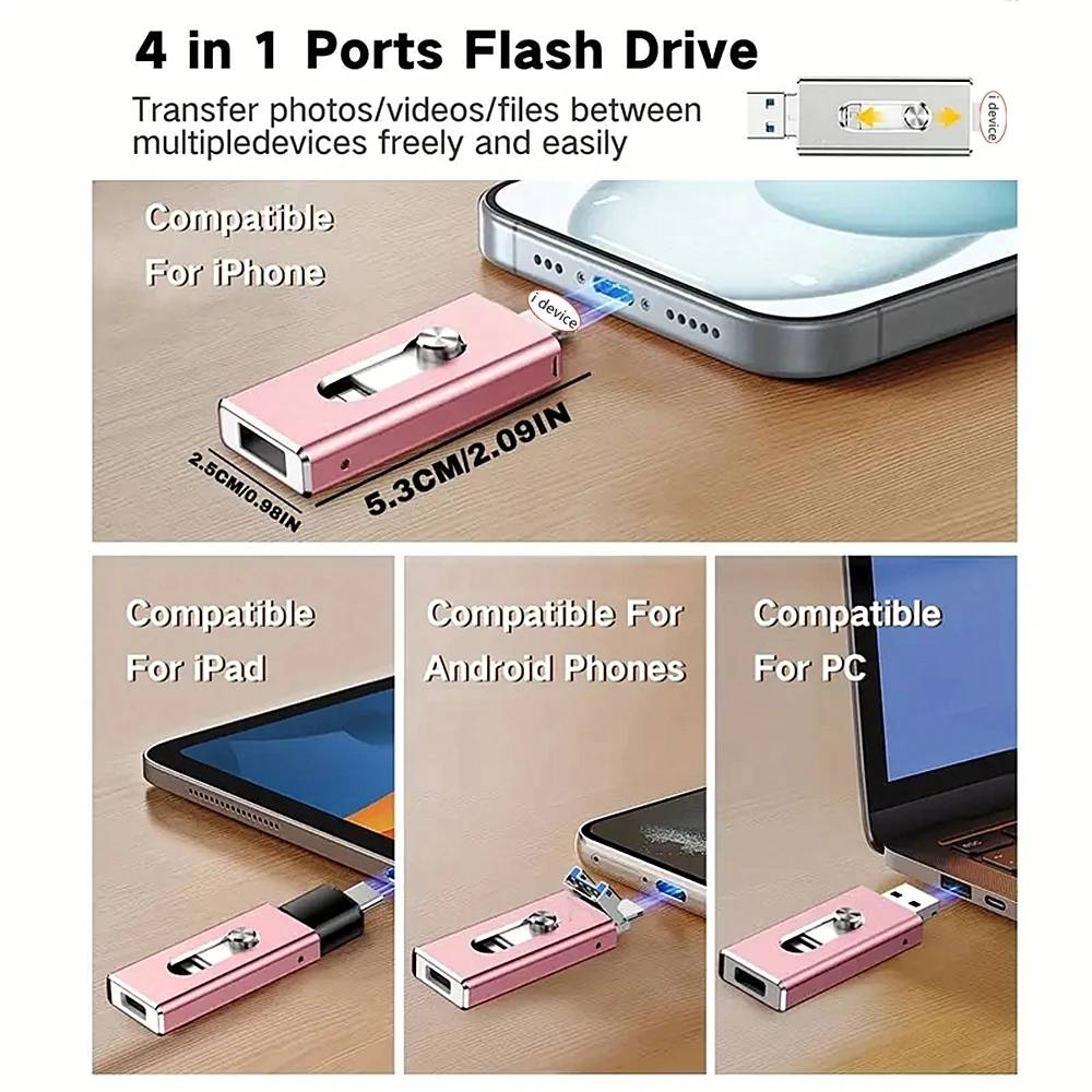 아이폰용 USB 3.0 플래시 드라이브 512G 4in1 외장 메모리 사진 저장 스틱 사진/비디오/데이터 드라이브 (아이패드/안드로이드/PC/타입 C 호환)