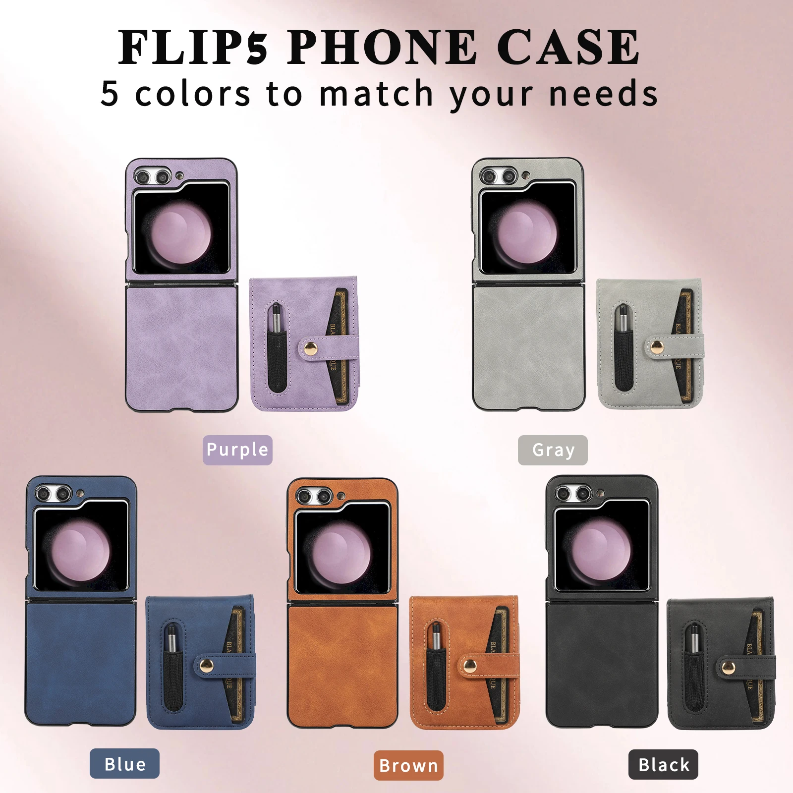 For Samsung Galaxy Z Flip 5 Case Luxury PU Leather Magnetic Wallet Card Bag Belt Clip With Pen Folded Shockproof Hard Back Cover