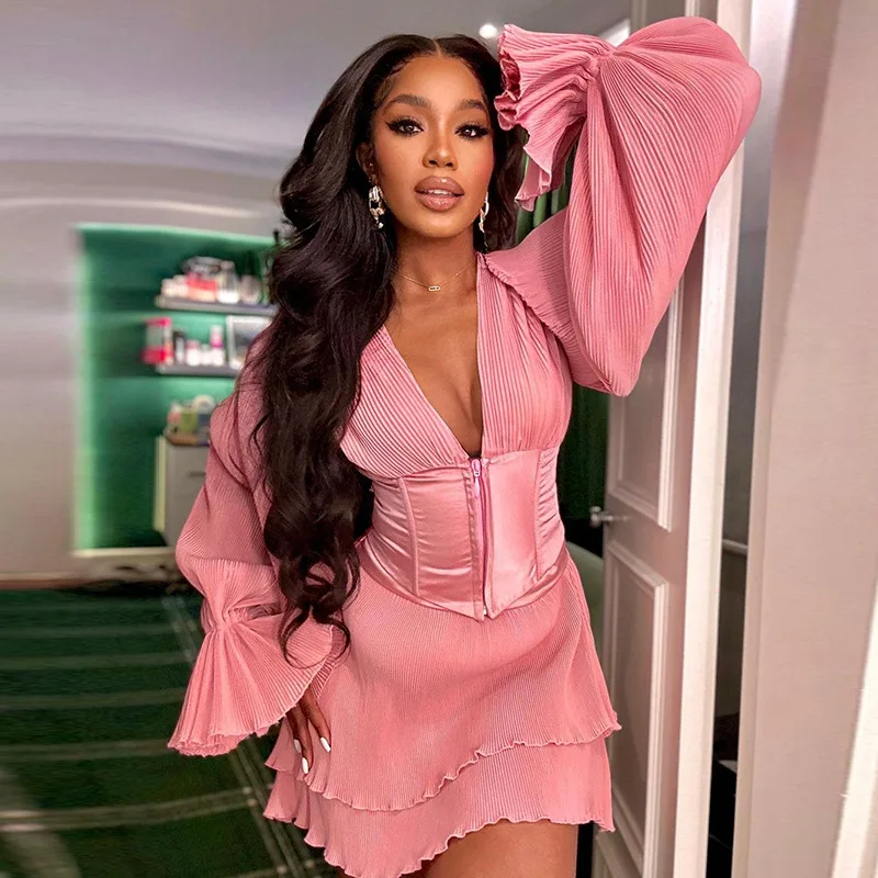 

Женский весенний комплект из топа на молнии, розового цвета с расклешенными рукавами и V-образным вырезом, плиссированная юбка до локтя, 2024