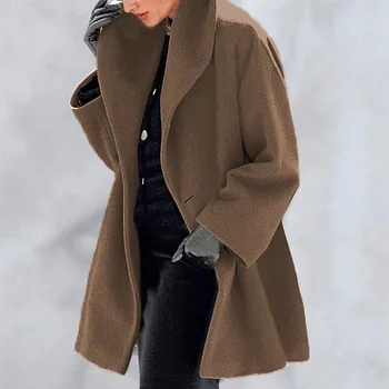 Manteau pour femmes en mélange de laine contrasté, coupe décontractée, à capuche, veste d'hiver chaude à manches longues avec poignets boutonnés.