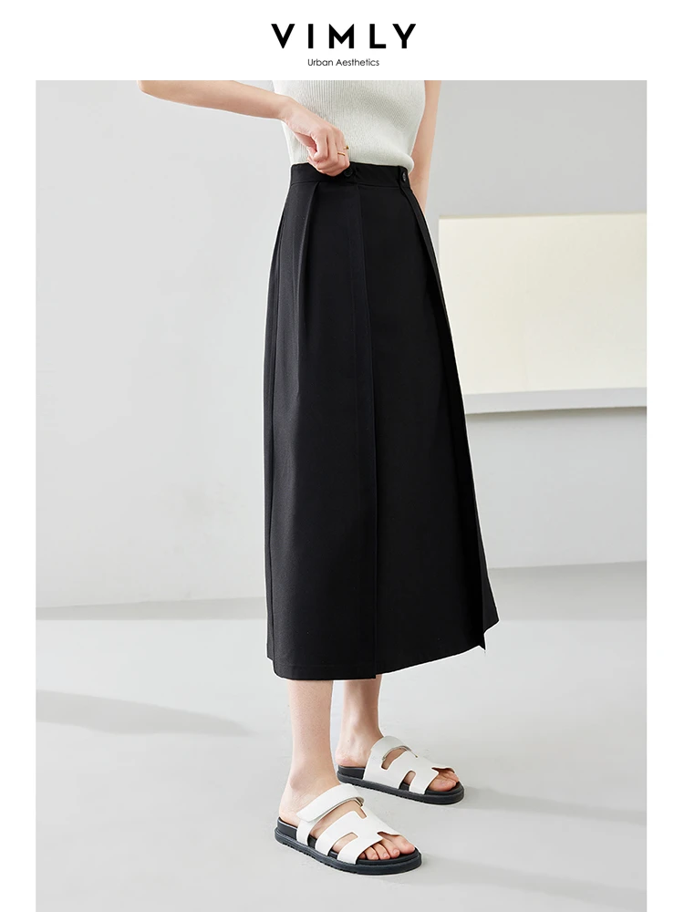 Vimly Simple Black A-line Skirt for Woman 2024 Summer New Elegant Office Lady Elastic Waist Midi Dresses Female Clothes M5827