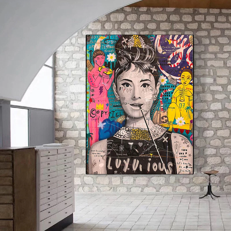 추상 그래피티 아트 포스터 캔버스 그림, 모나리자 가수 초상화 캔버스 인쇄, 거실 홈 데코 벽 아트 그림