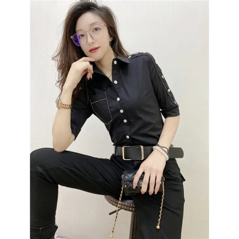 Y2k Shirt Female Tops Europe US Summer New Polo Collar Single Row Buckle Short Sleeved Solid Color Pocket Self Cultivation