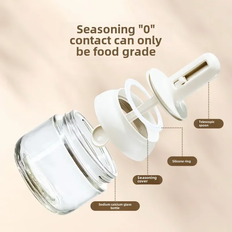 1pc Expandable Spice Jar Kitchen Spoon Lid Integral Glass Seasoning Jar Salt MSG Seasoning Box Seal Set