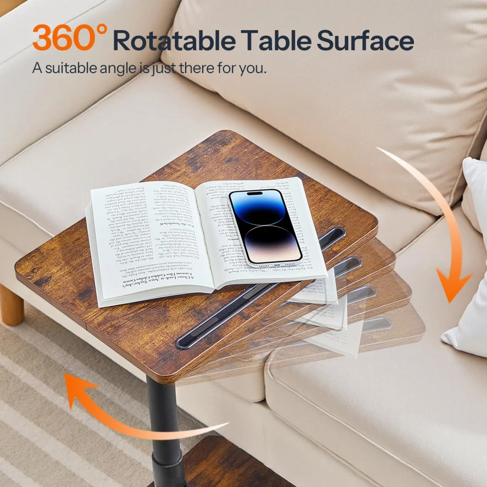 Vintage brauner C-förmiger Beistelltisch – höhenverstellbar 360° ° Drehbarer Sofa-Schreibtisch mit Getränkehalter und Tablet-Schlitz – Detail 3
