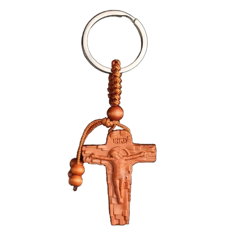 Portachiavi In Legno Di Noce A Forma Di Croce, Con Scritta "Faith Embraces Cross", Regalo Religioso Di Conforto, 5x2,5 Cm
