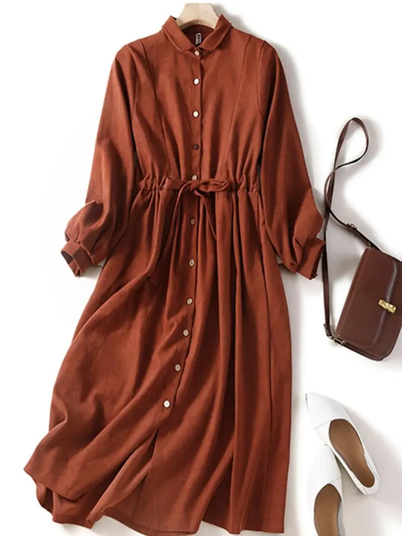 

2022 Women's Autumn New Retro Long Sleeve Mid-calf Dress Female Solid Color Single Breasted Turn-down Collar Loose Waist Dress
