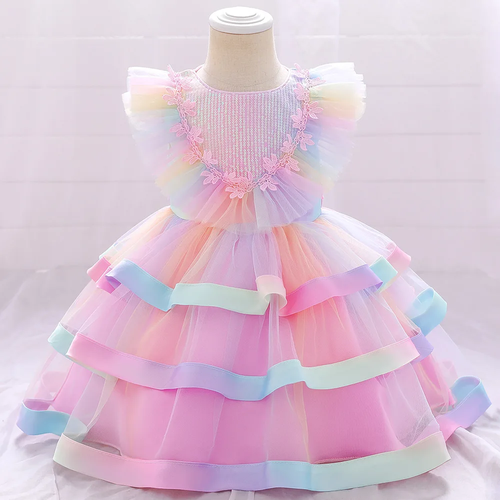 

Summer Toddler Cake Rainbow Girls Ball Gown Dress Mesh Gauze Flower Children Party Wedding Princess Dresses Kids Baptism Costume
