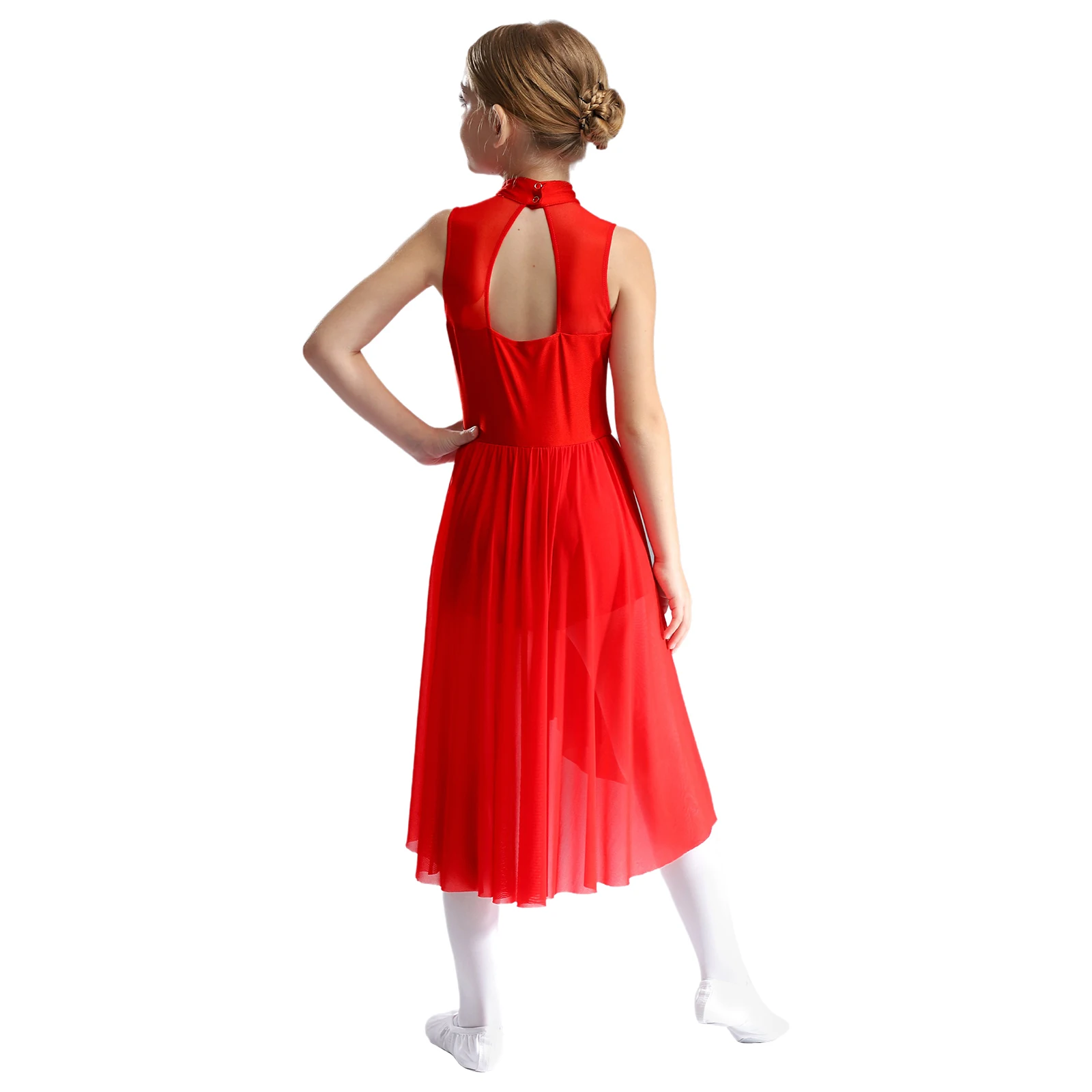 Kinder Mädchen Lyrical Dance Kleid Eiskunstlauf Ballett Gymnastik Trikot Strass Ärmellose Mesh Bühne Leistung Dancewear – Detail 6