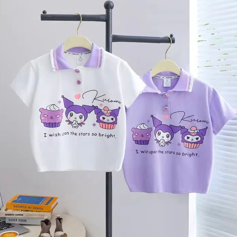 

2024 Kuromi Girls T-Shirt Sanrio Kawaii Anime My Melody Cinnamoroll Short-Sleeved Summer Sweet Cute Lapel Tops Tide Kid Gift