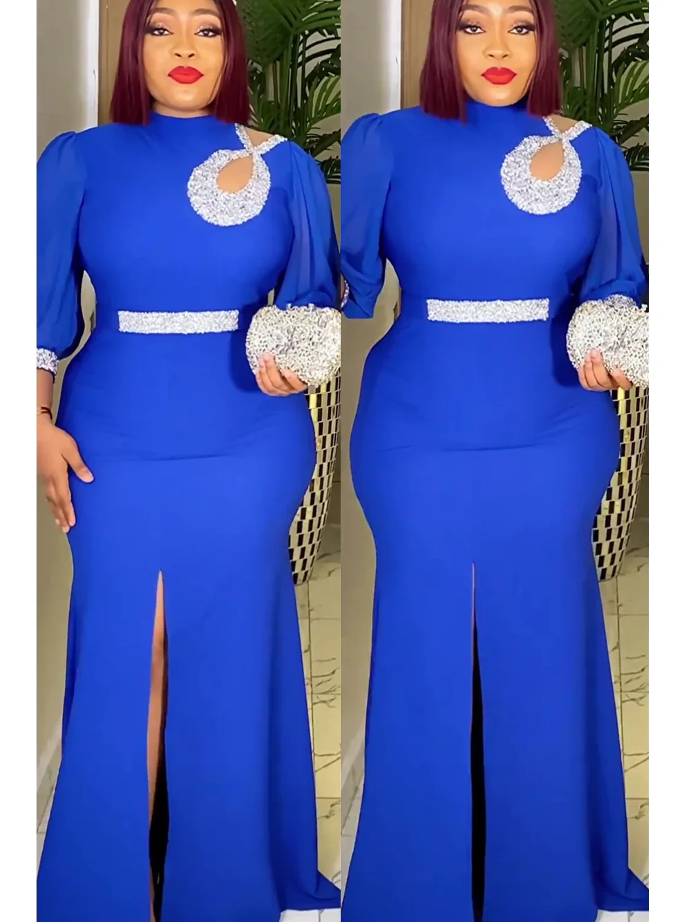 Elegant Evening Party Long Dress Women Sexy Bodycon Split Maxi Robe Blue Prom Gown 2024 African Clothes