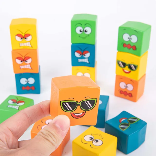 16pcs Wooden Cube Table Games Expression Puzzle Kids Educational Blocks Sort Stacking Expression Cubes Memory Game With Timer 2