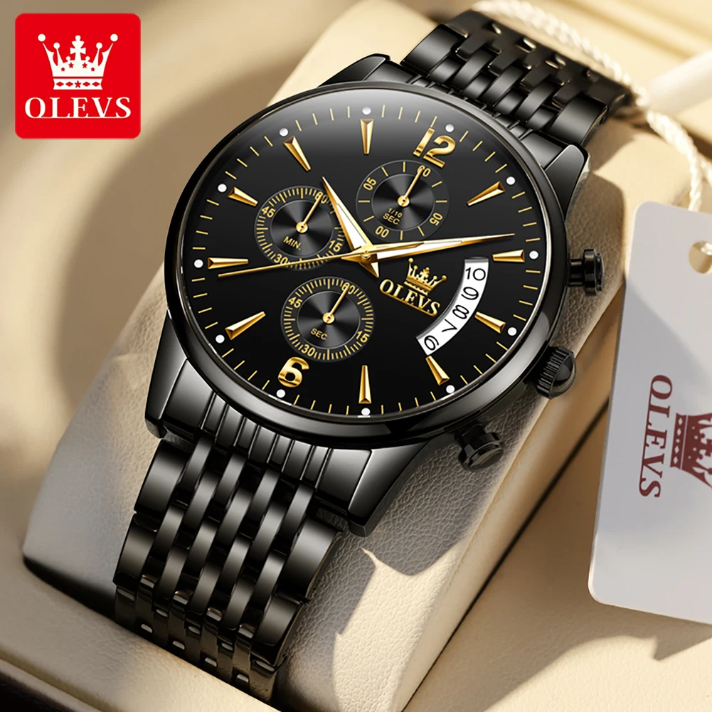 OLEVS Fashion Mens Watches Top Brand Luxury Stainless Steel Waterproof Sport Chronograph Quartz Watch for Men Relogio Masculino