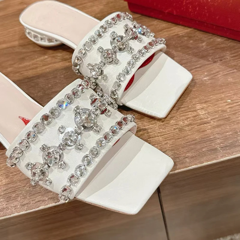 New Designer Luxury Women's Slippers Rhinestone Banquet Shoes Toe Leaking Square Toe Heel 2cm Outdoor Ladies Banquet Shoes