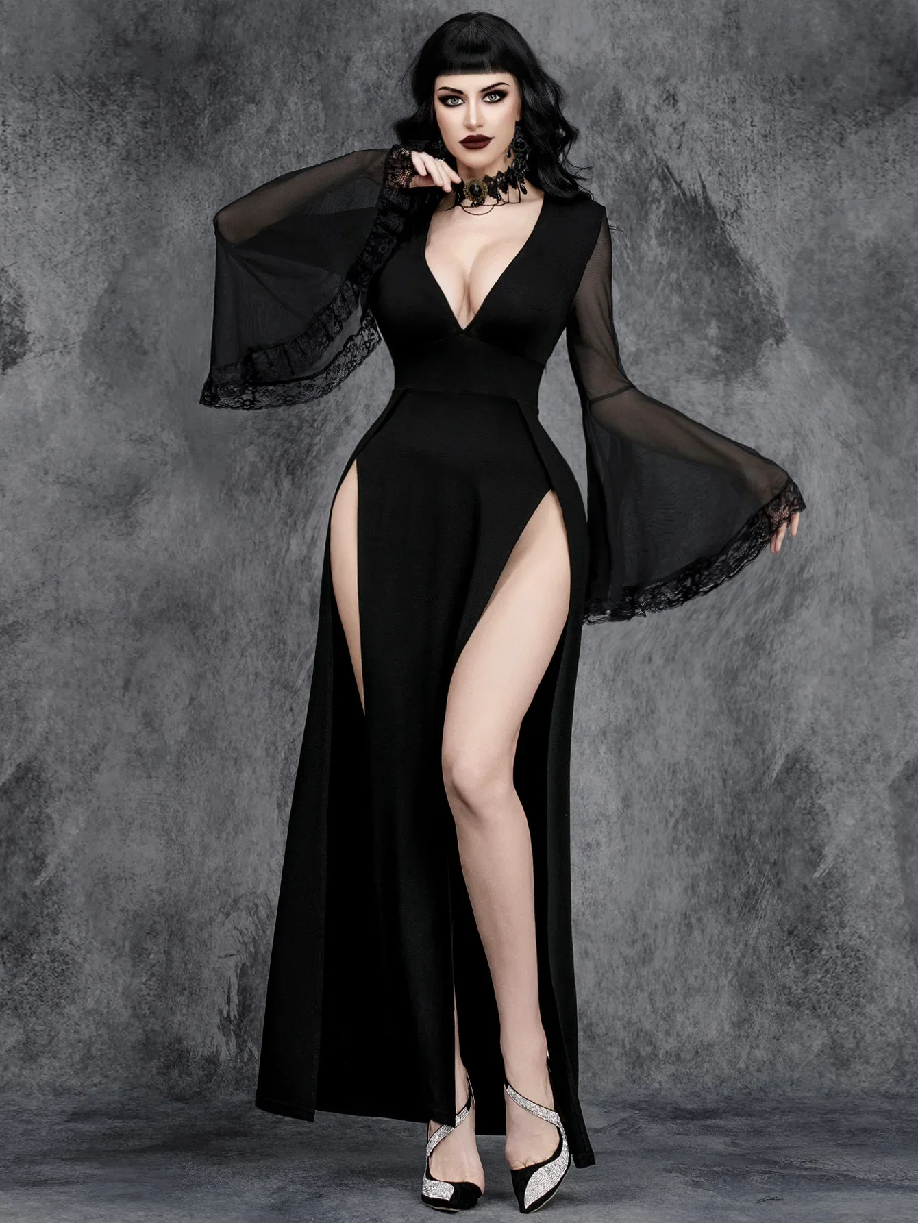 Description Picture 3 of itemGothic Dark Lace Splice Dress with Bell Sleeve Slit(No Waist Seal Included) Women's Fashion Dress Made in China